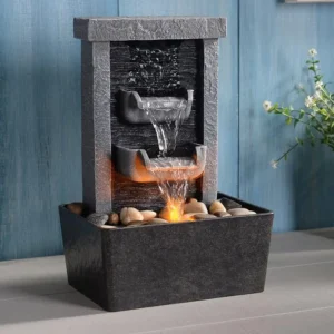10.3 Inch Indoor Waterfall Fountain with Reflective Lighting, River Rocks, and Quiet Pump for Home Office Relaxation